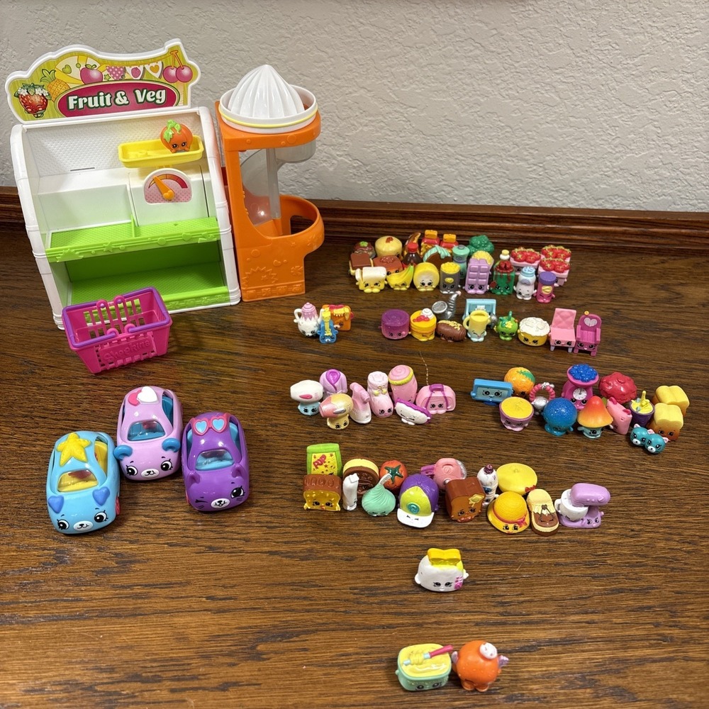 Shopkins Lot 76 Figurines + Easy Squeezy Fruit & Vegetable Stand + 3 Cutie Cars